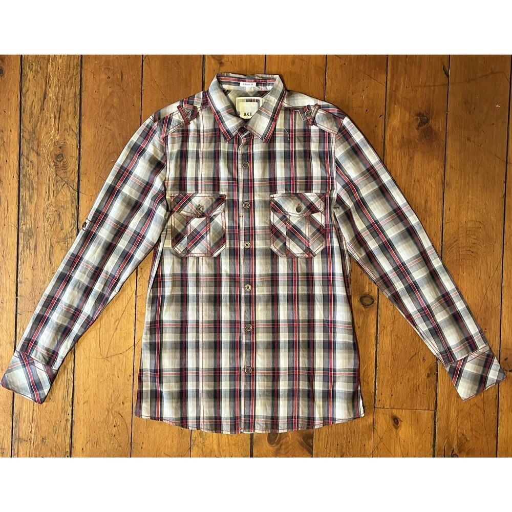 BKE Buckle Button Down Shirt Mens Medium Athletic Fit Red Plaid Western Dark